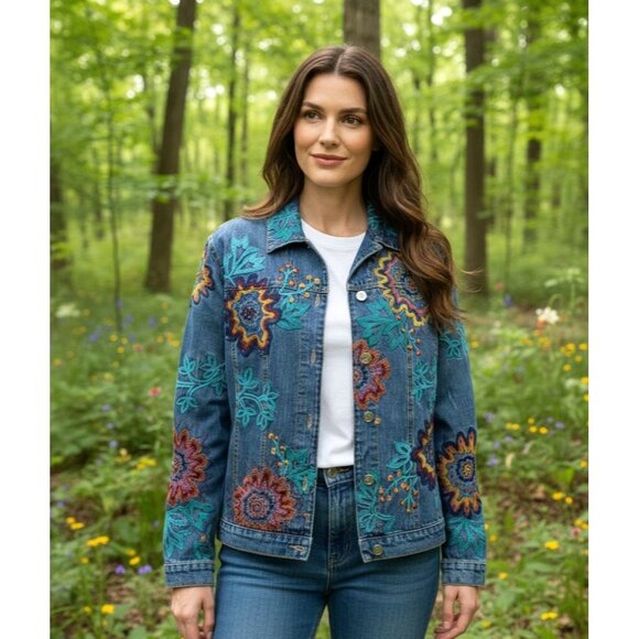 Chicos Design Embroidered Denim Jacket Size Medium 1 Boho Floral Artsy Blue - Picture 1 of 11